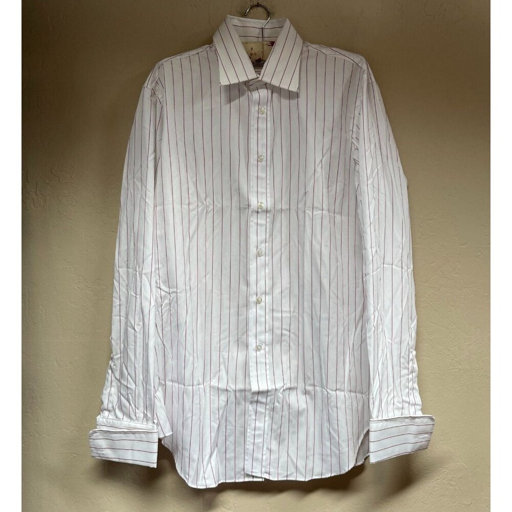 The Custom Shop Shirtmakers Men's White and Red Striped Button-Up Dress Shirt